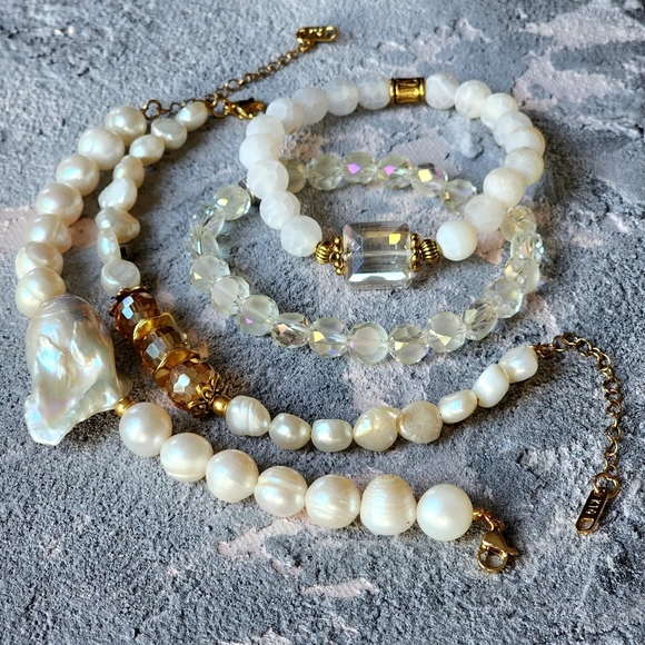 4 Bracelets Jewelry Set Stacking Bar Baroque Pearl 14K Gold plated Jewelry - Picture 3 of 11